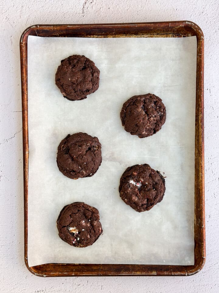 peppermint hot chocolate cookies after baking.