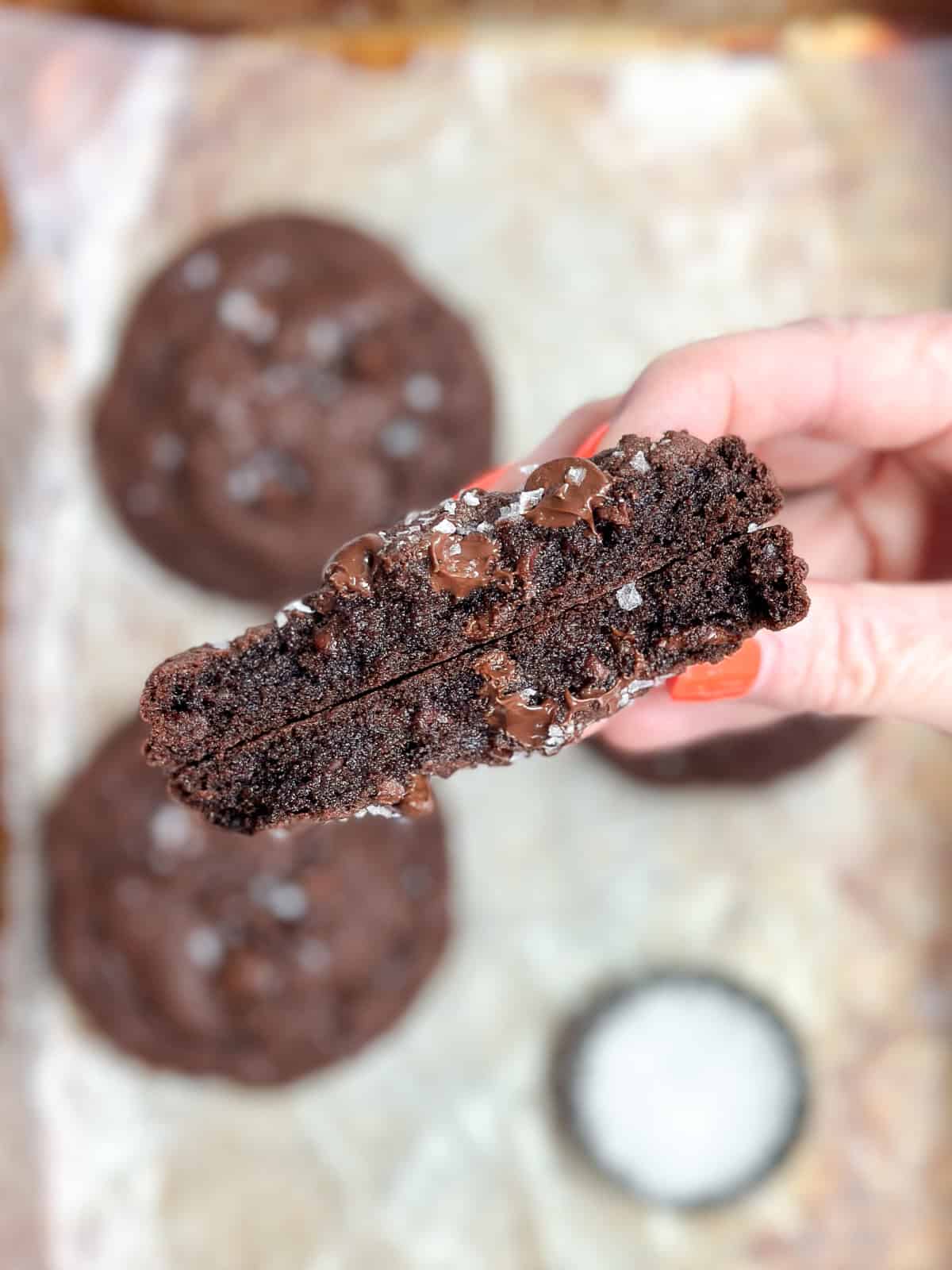 my hand holding a cookie broken in half to show the inside texture.