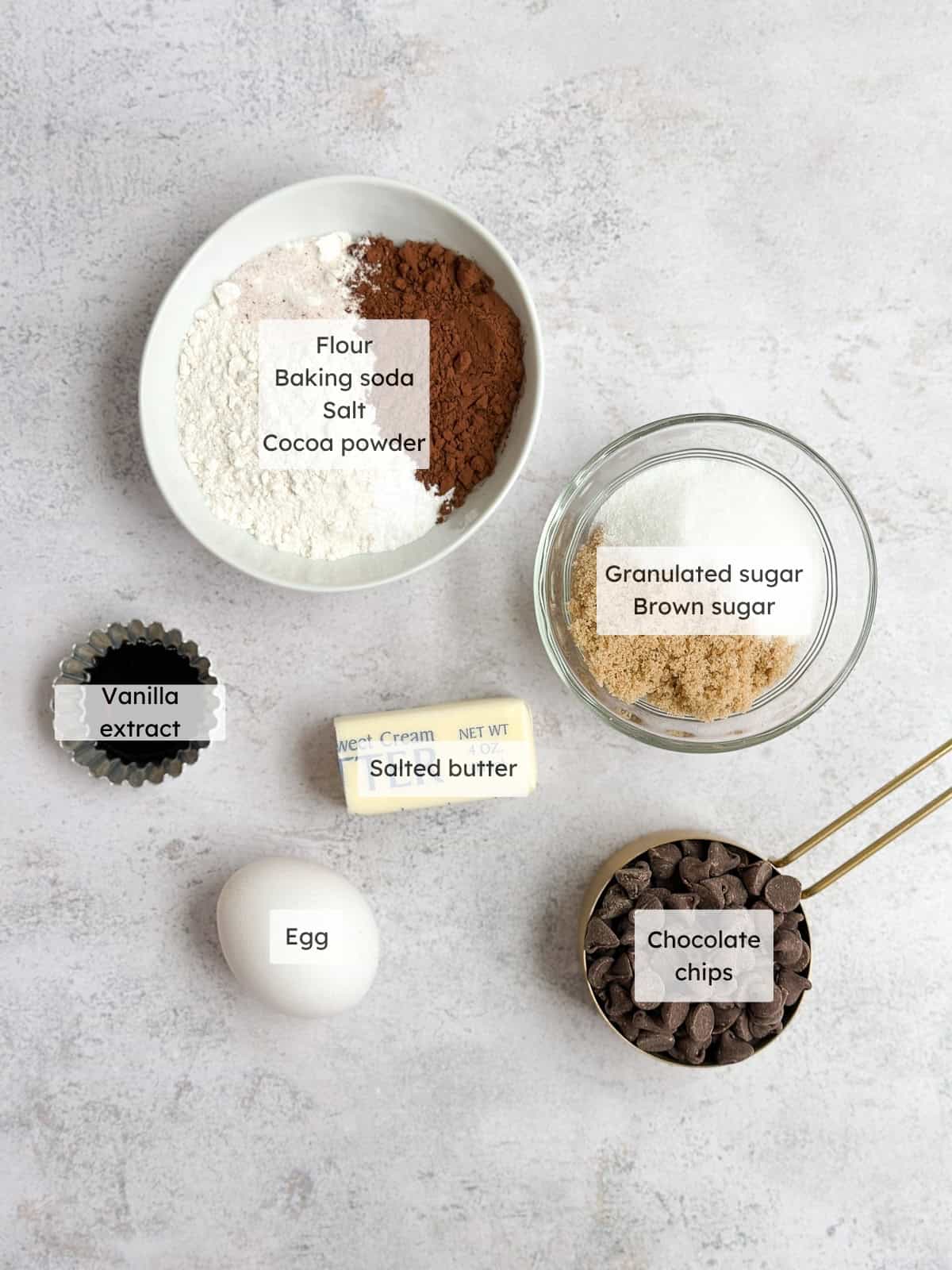 All the ingredients needed to make small batch double chocolate cookies.