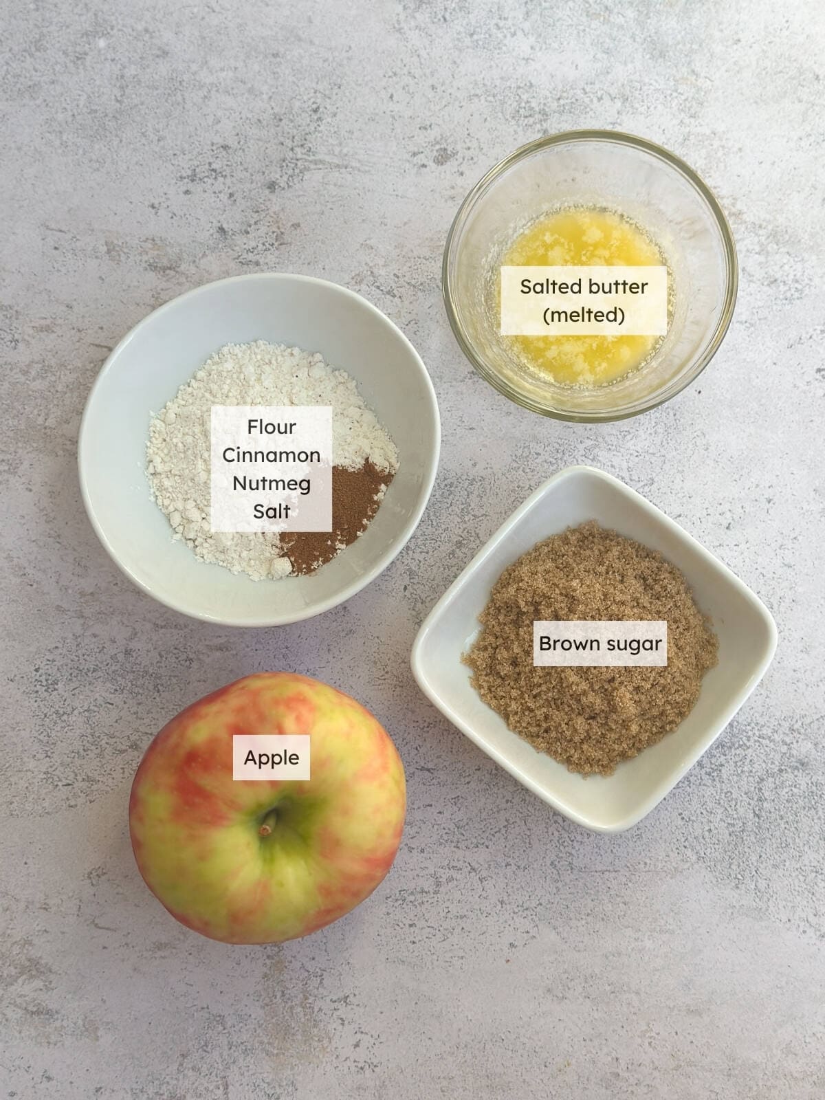 All the ingredients needed to make Apple crumble for two.