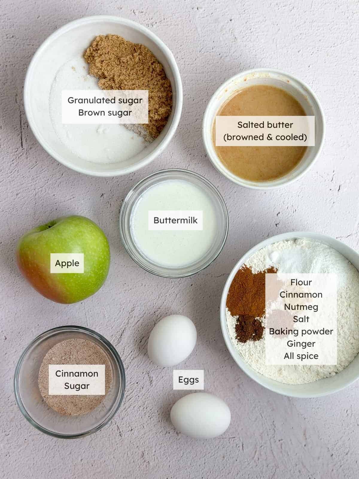 All the ingredients needed to make Apple buttermilk cake.