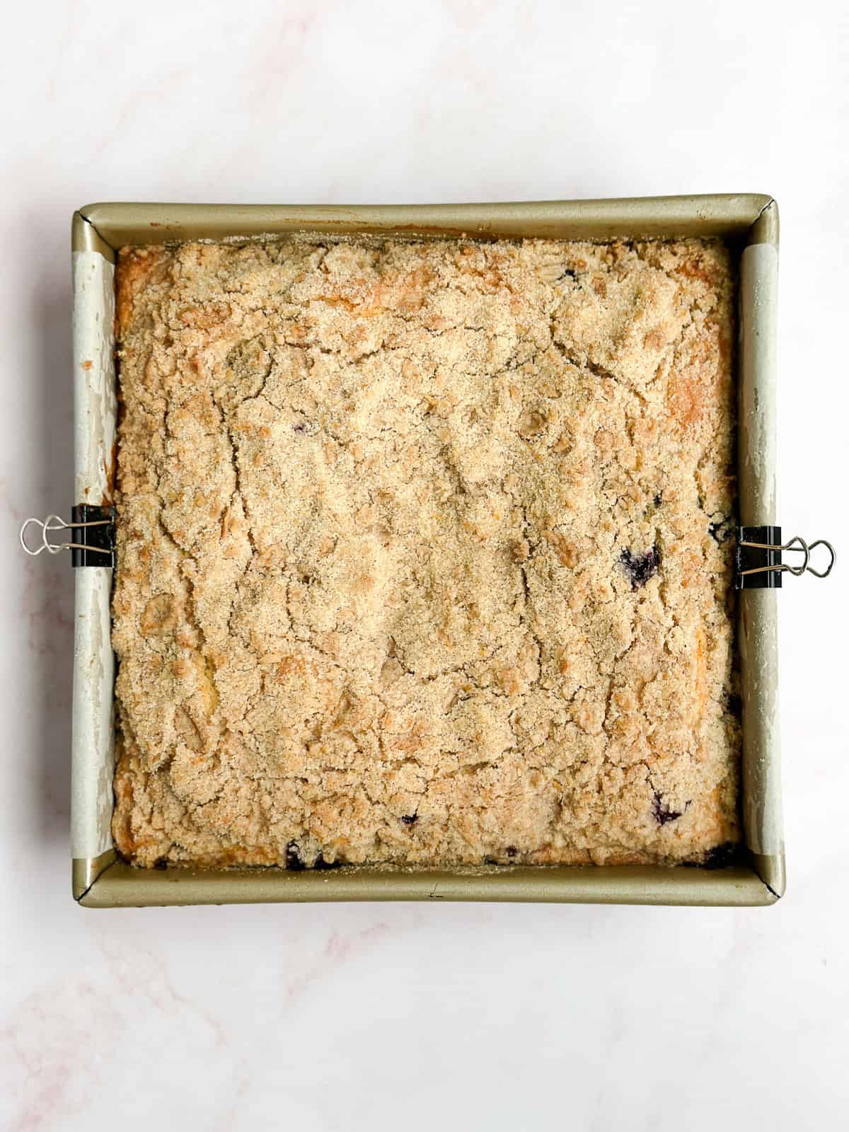 crumb cake in the pan right after baking.