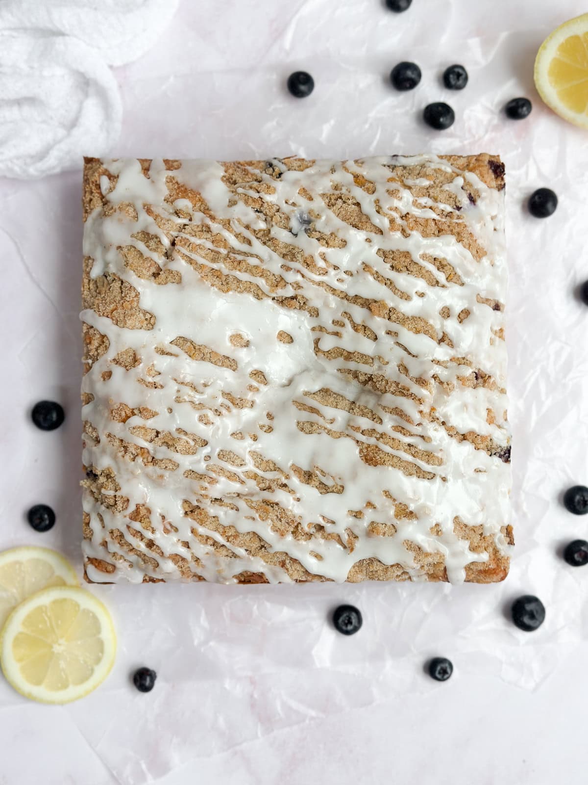 blueberry lemon crumb cake with the lemon glaze. All ready to serve!