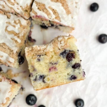 a slice of blueberry lemon crumb cake turned up to see inside.