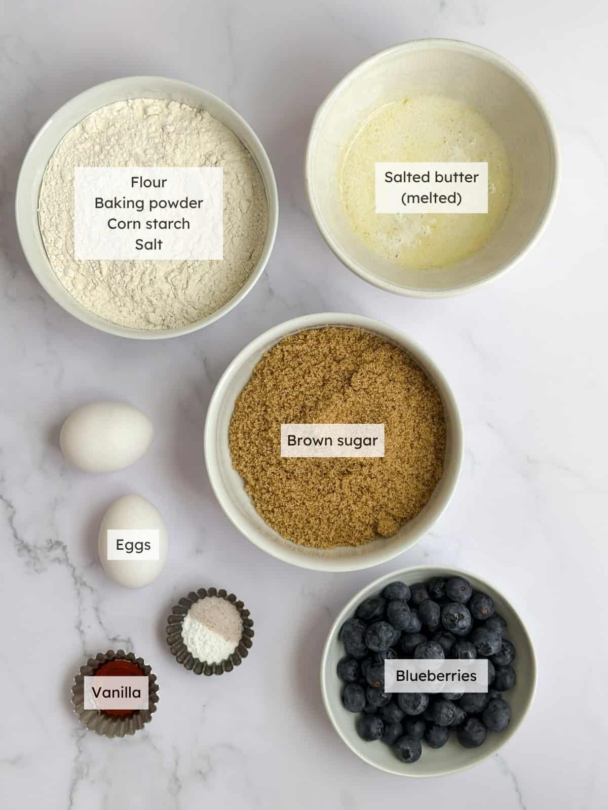 All the ingredients needed to make Blueberry blondies.