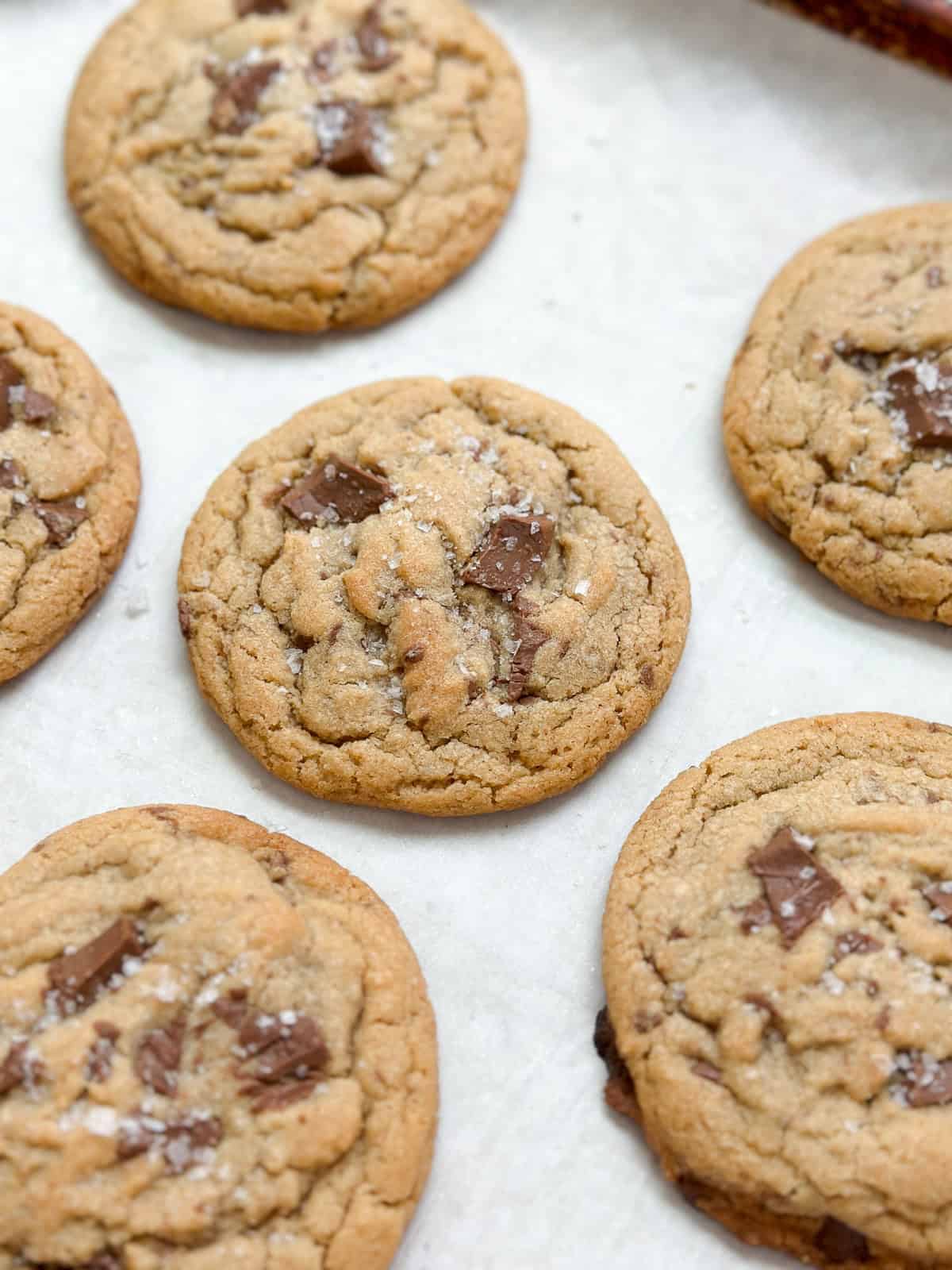 a side view of some brown butter peanut butter cookies.