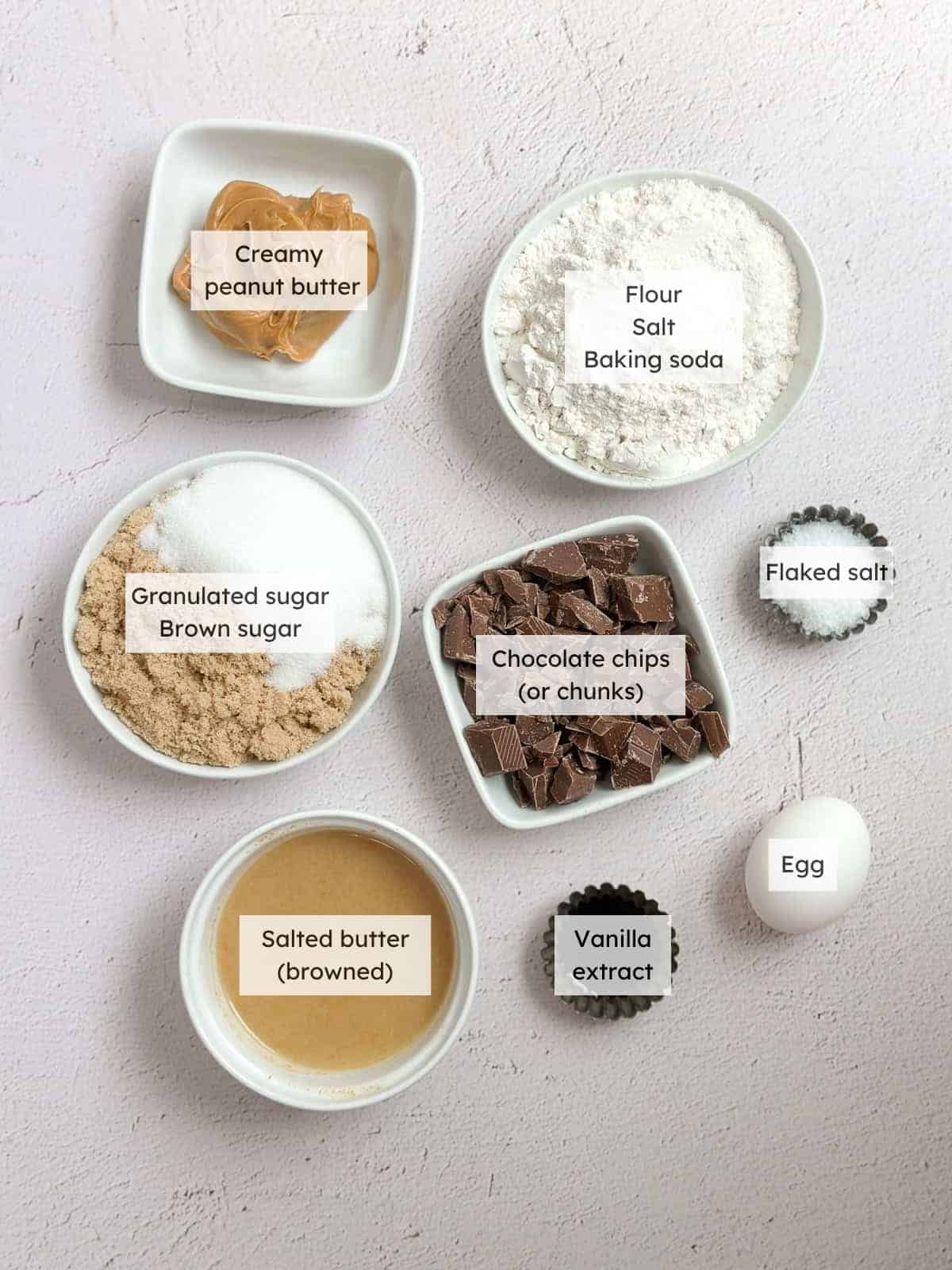 All of the ingredients needed to make Brown butter peanut butter cookies.