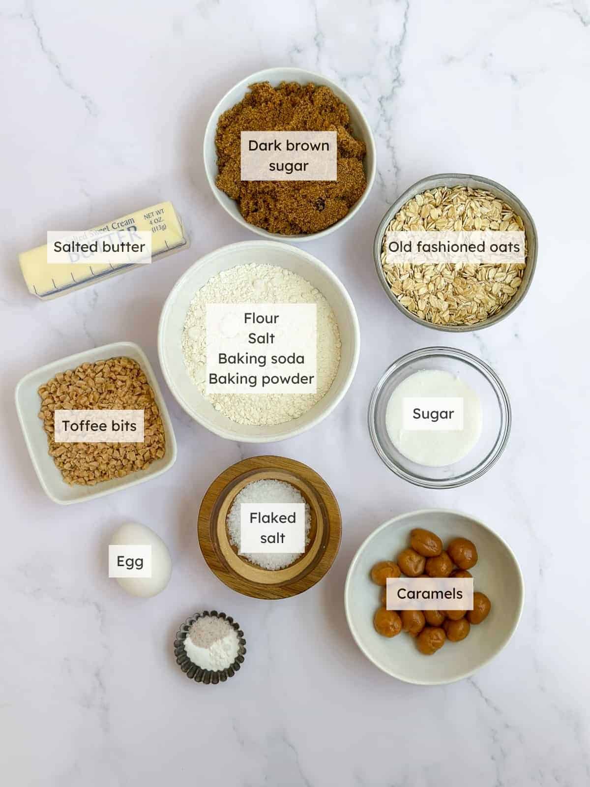 All the ingredients needed to make caramel oatmeal cookies.