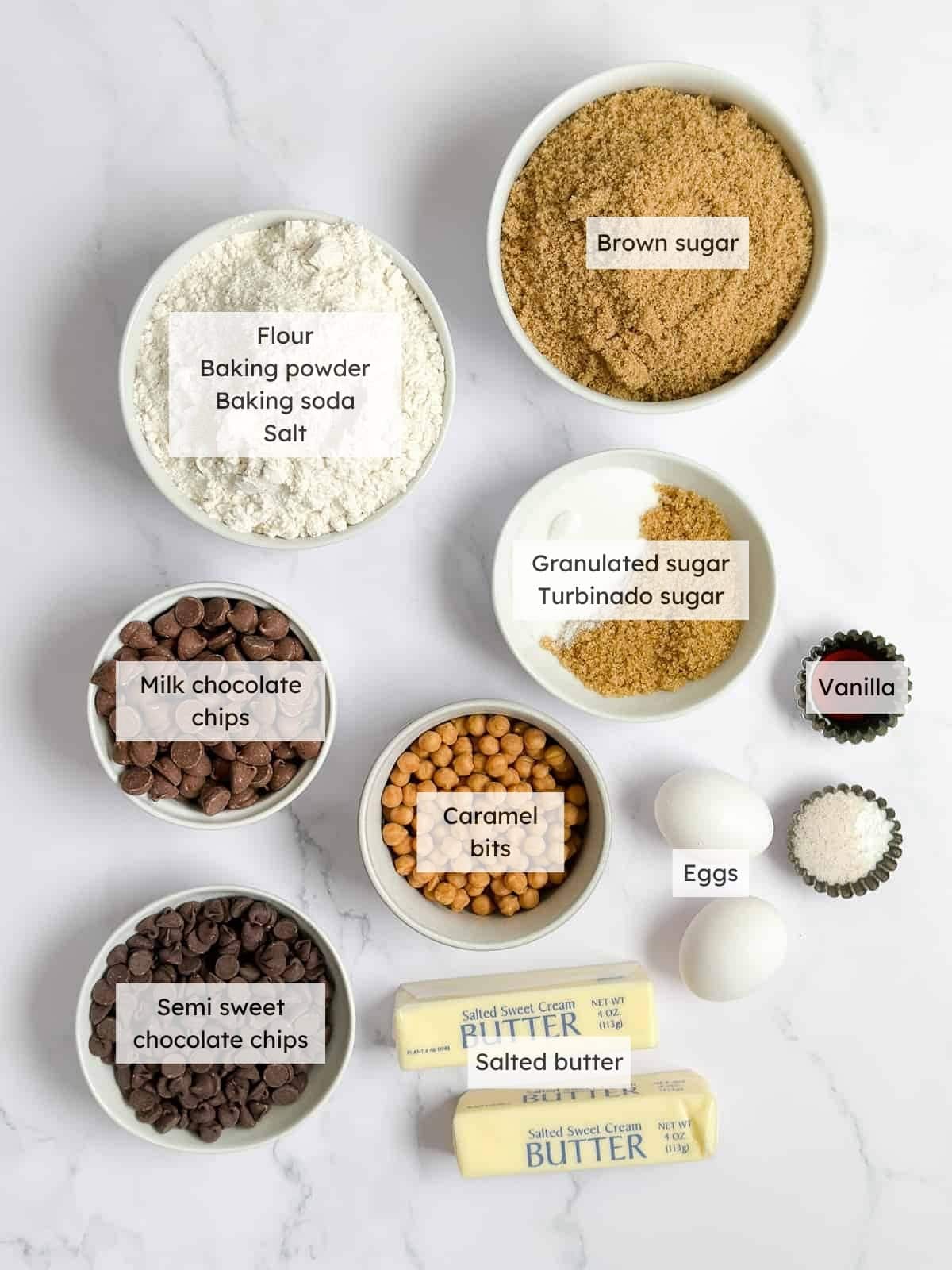 All the ingredients needed to make Chocolate chip caramel cookies.