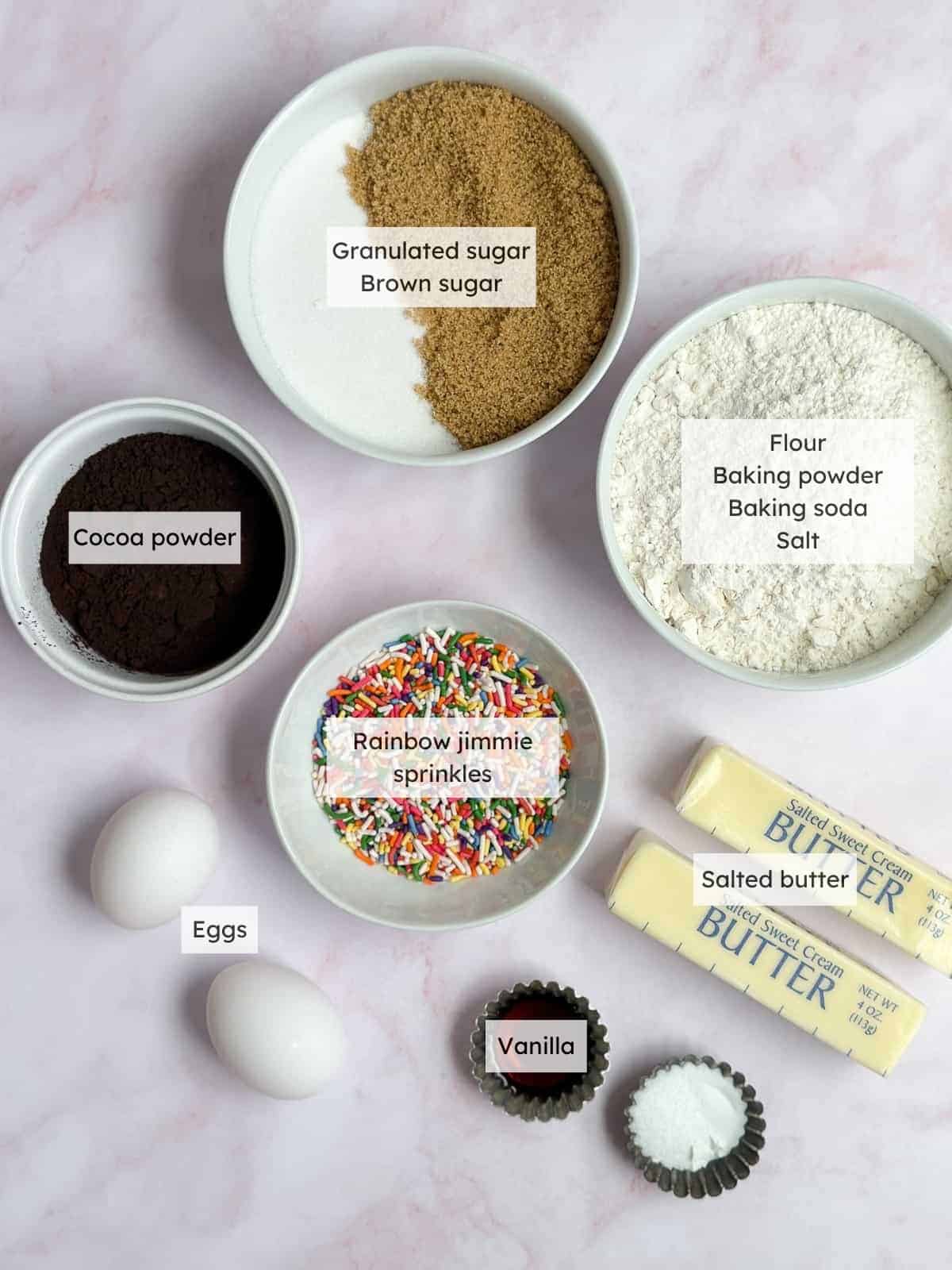 All the ingredients needed to make Chocolate sprinkle cookies.