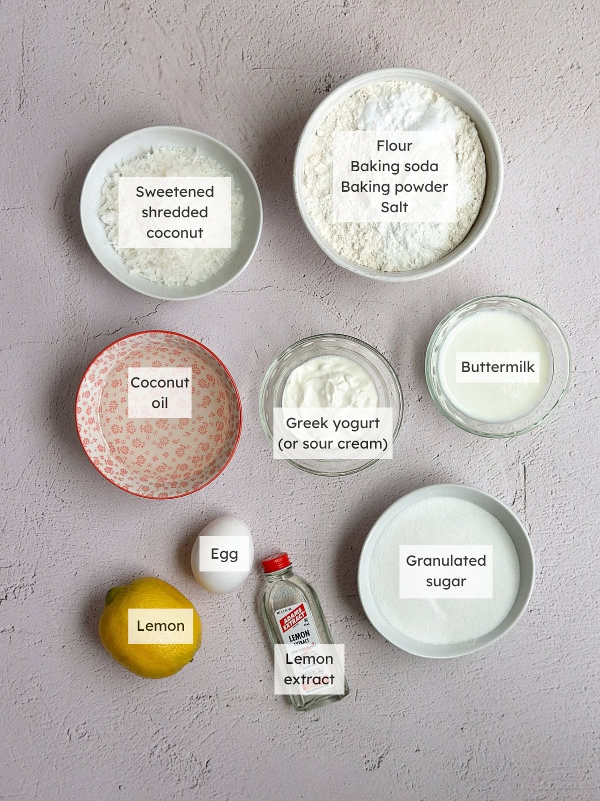 All the ingredients needed to make coconut lemon muffins.