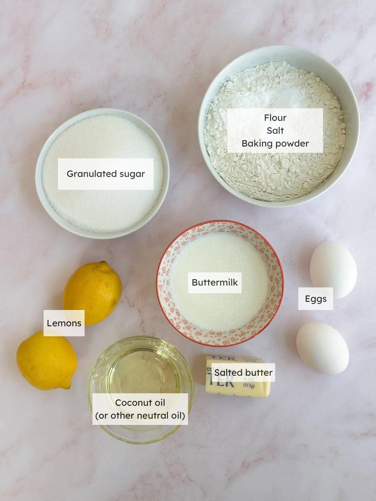 All the ingredients needed to make Easy Lemon Snack Cake.