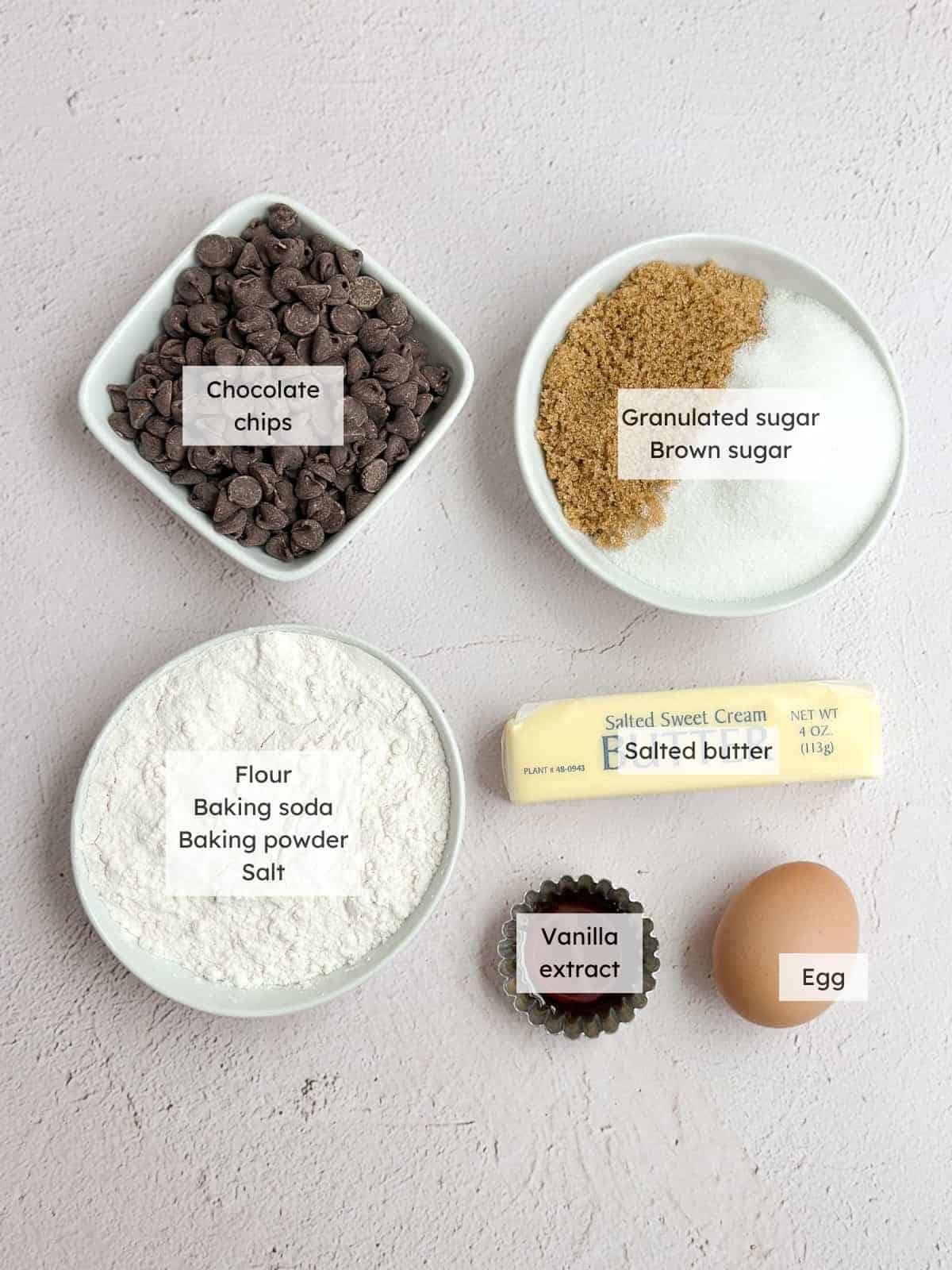 All the ingredients needed to make Heart Shaped Chocolate Chip Cookies.