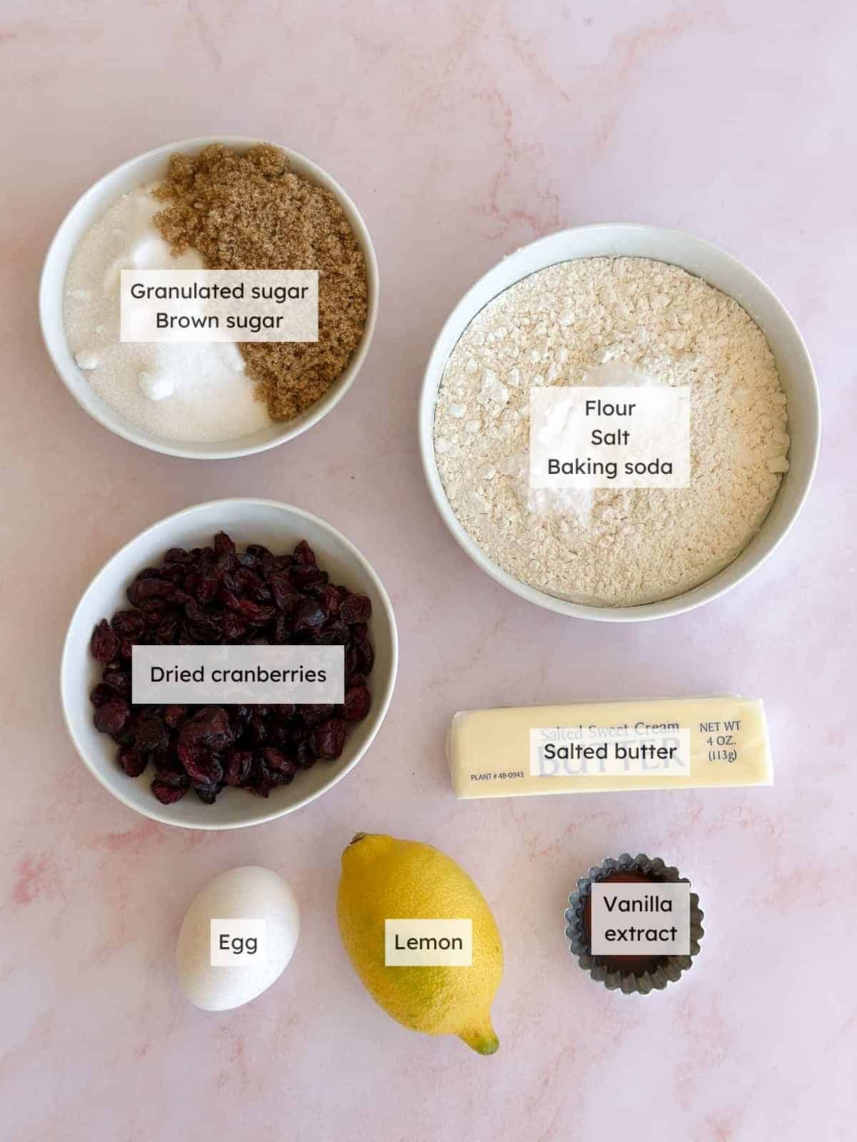 All of the ingredients needed to make Lemon Cranberry Cookies.