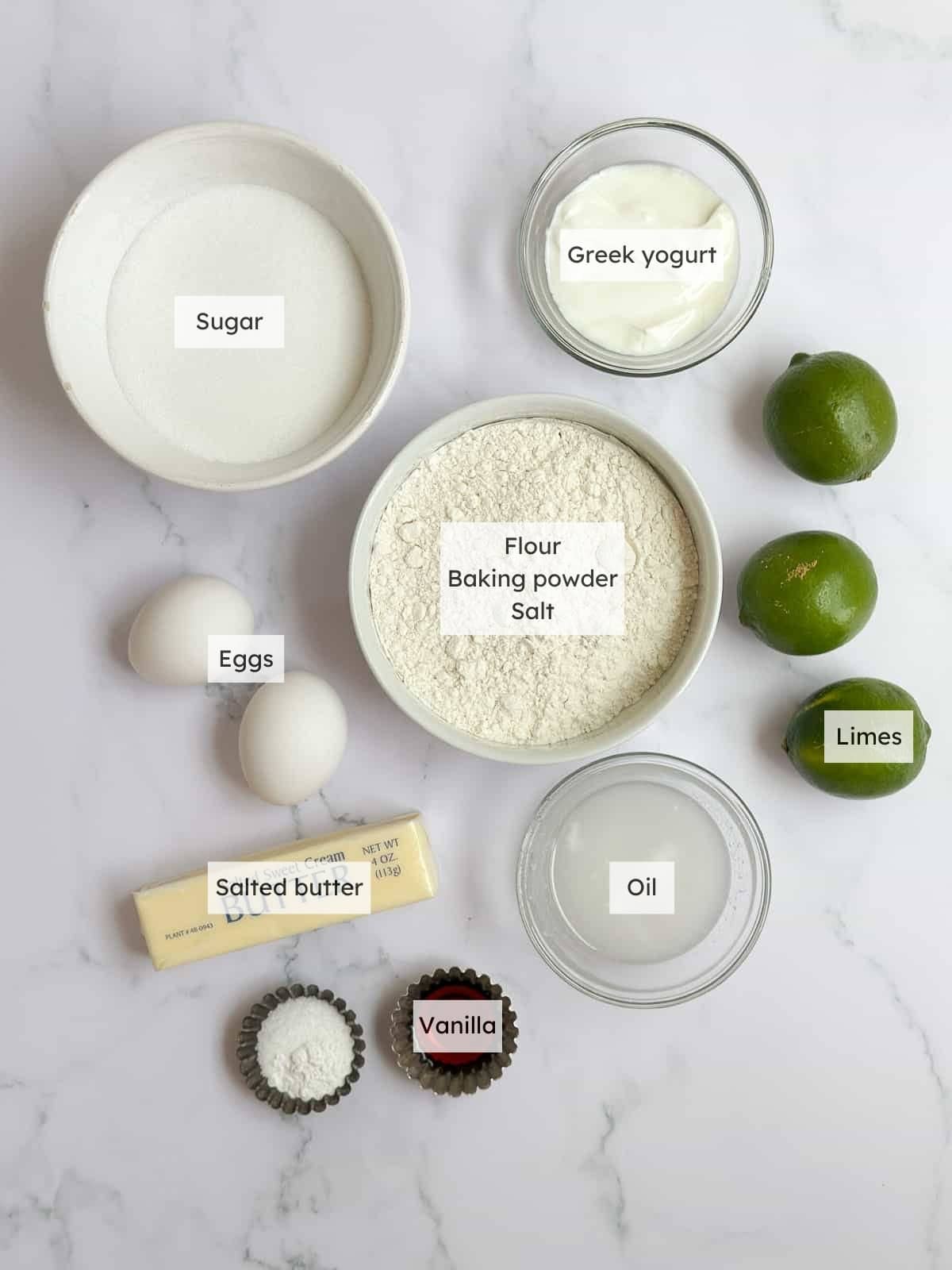 All the ingredients needed to make Lime drizzle cake.