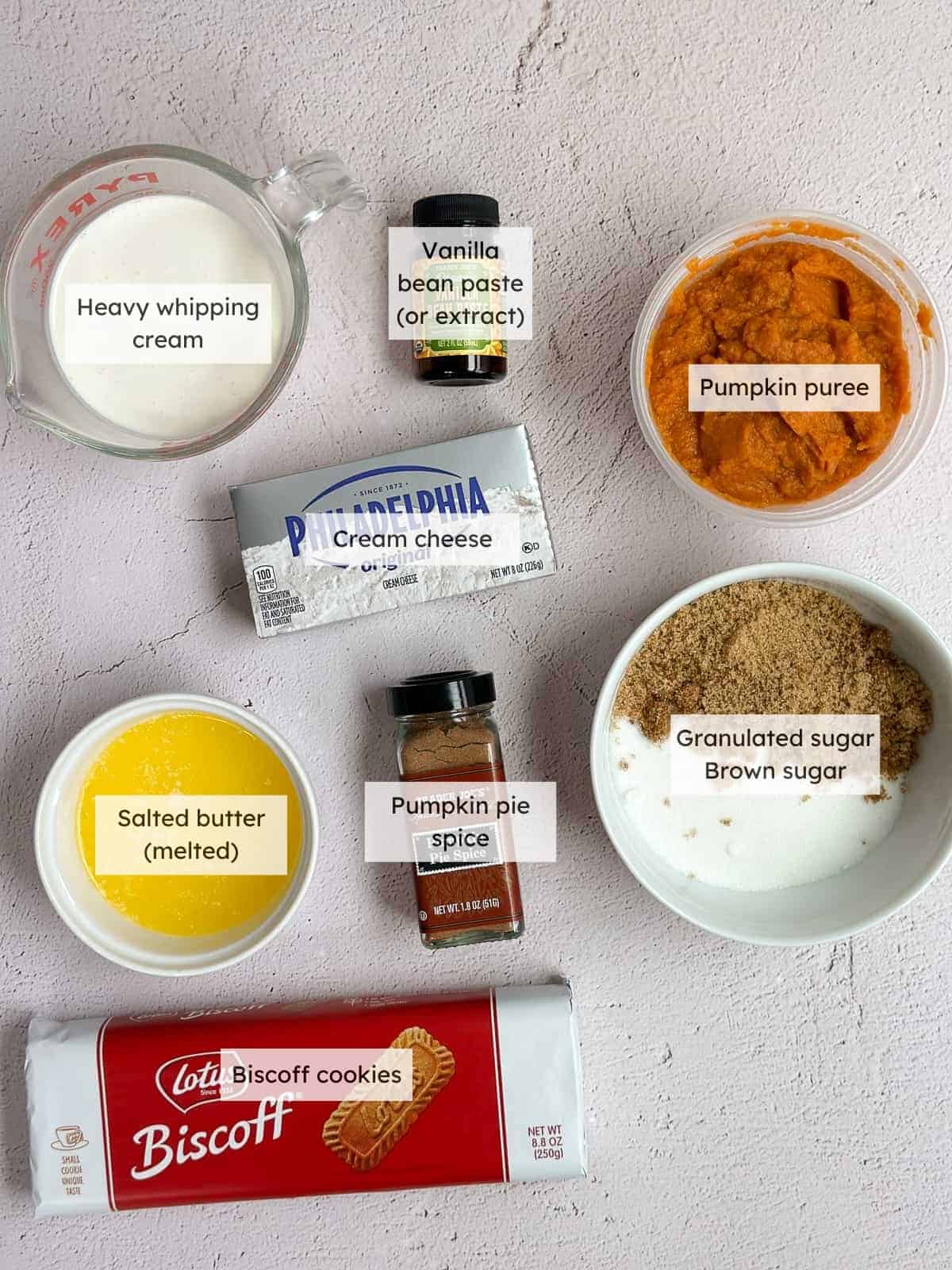 All the ingredients needed to make No-bake pumpkin cheesecake bars.