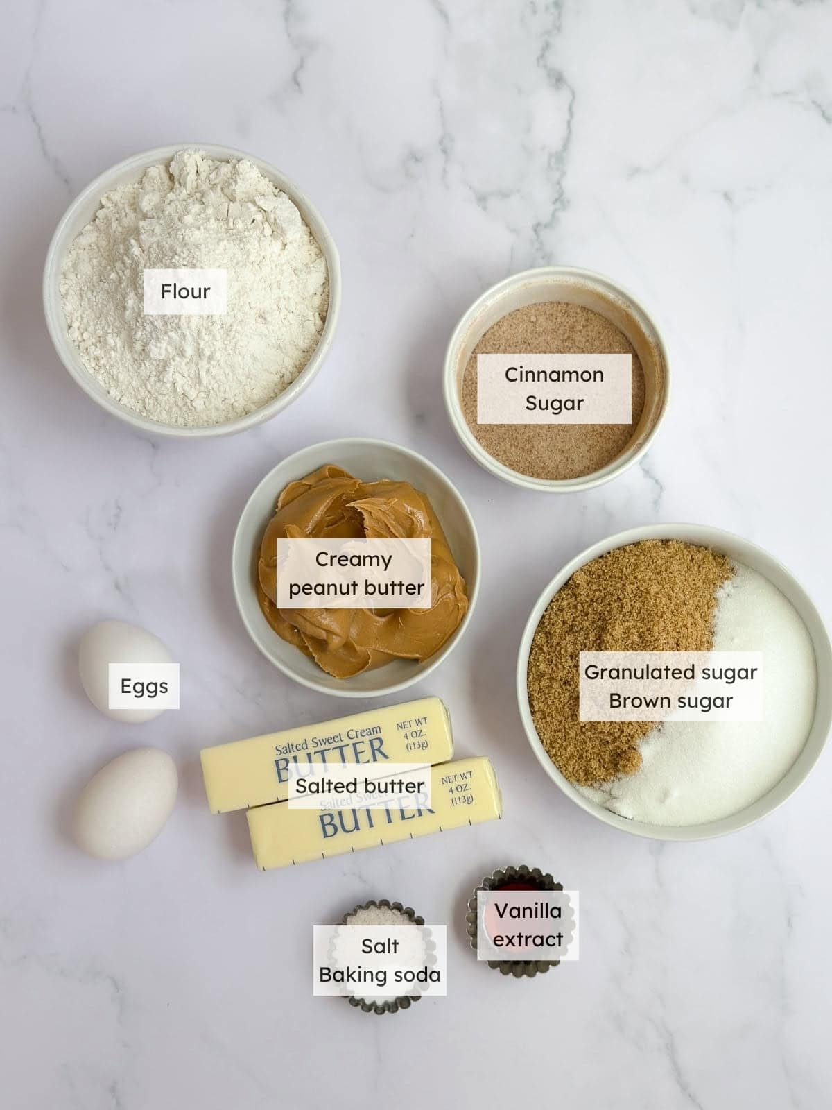 All the ingredients needed to make PB snickerdoodles.