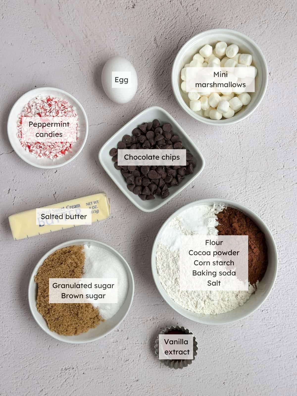 All of the ingredients needed to make Peppermint Hot Chocolate Cookies.
