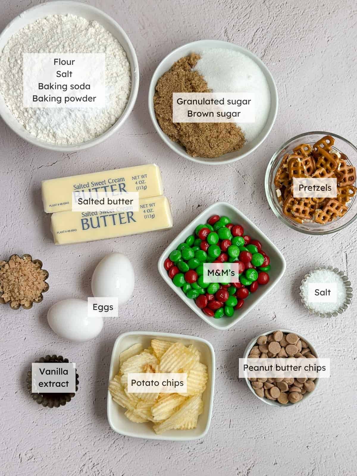 All of the ingredients needed to make Santa's Trash cookies.