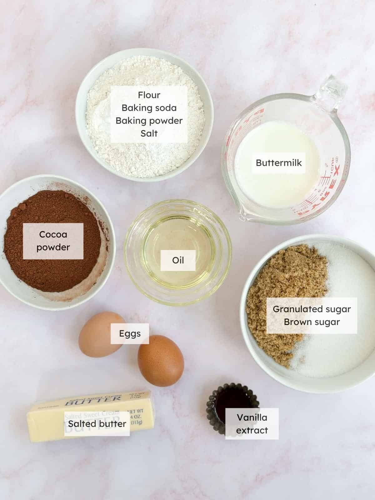 All the ingredients needed to make a small batch chocolate cake.