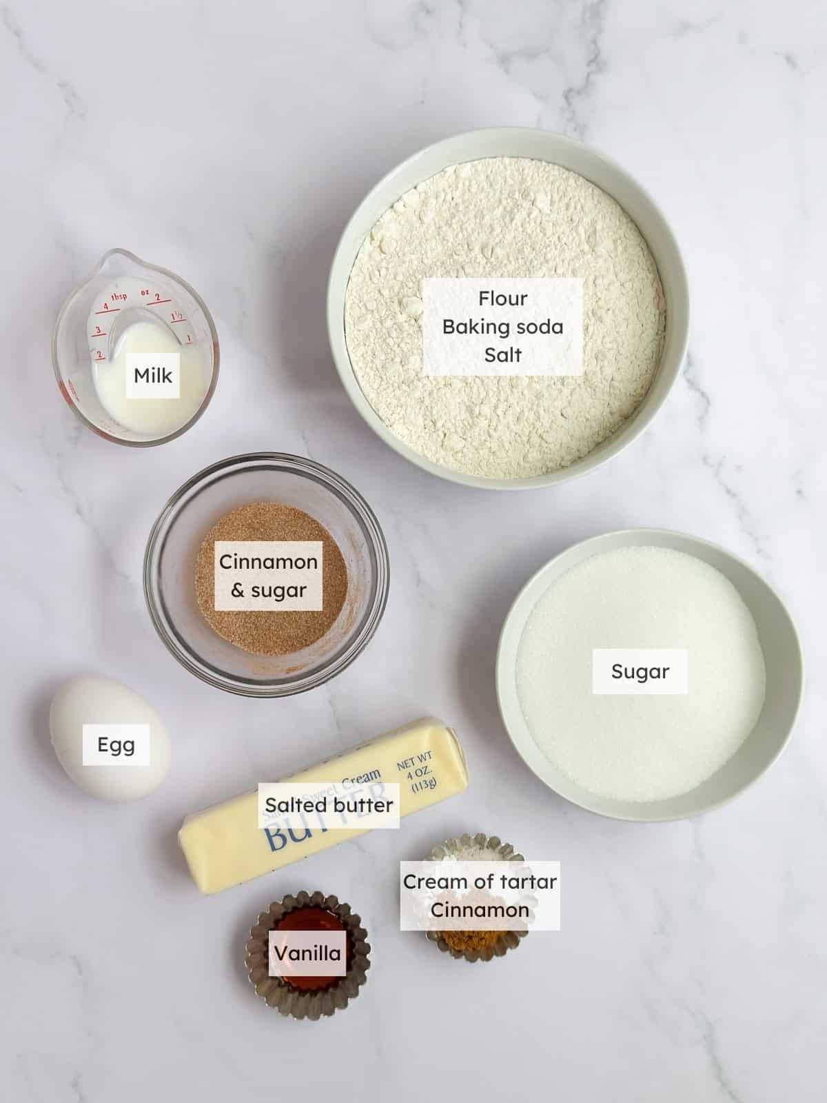 All the ingredients needed to make Chewy snickerdoodle cookie bars.