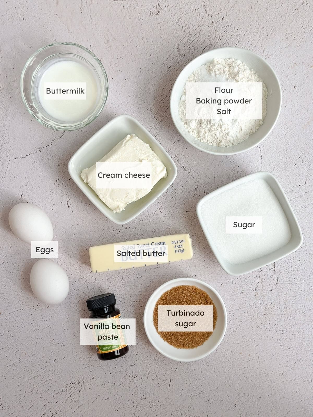 All the ingredients needed to make butter cake.