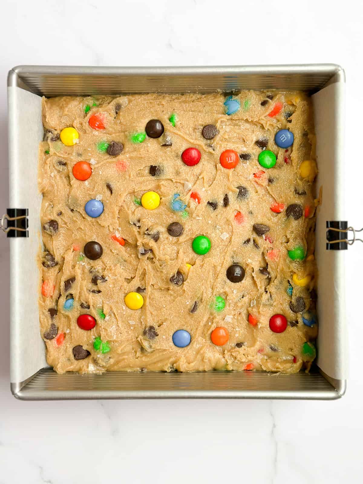 blondies in the pan before baking.