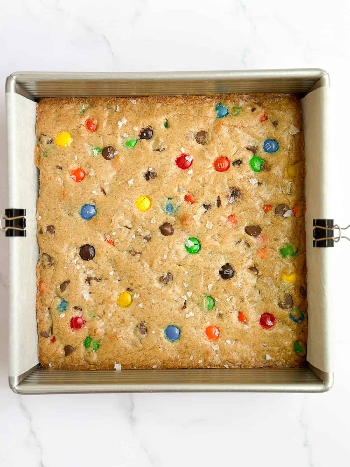 browned butter m&m's blondies after baking.