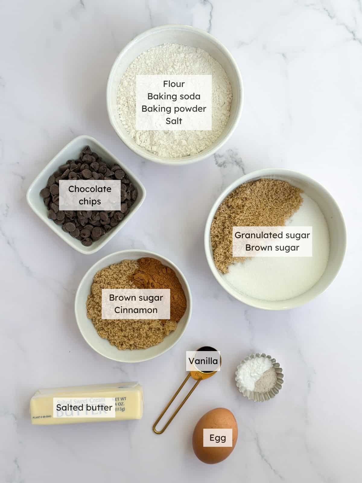 All the ingredient needed to make Cinnamon Chocolate chip cookies.