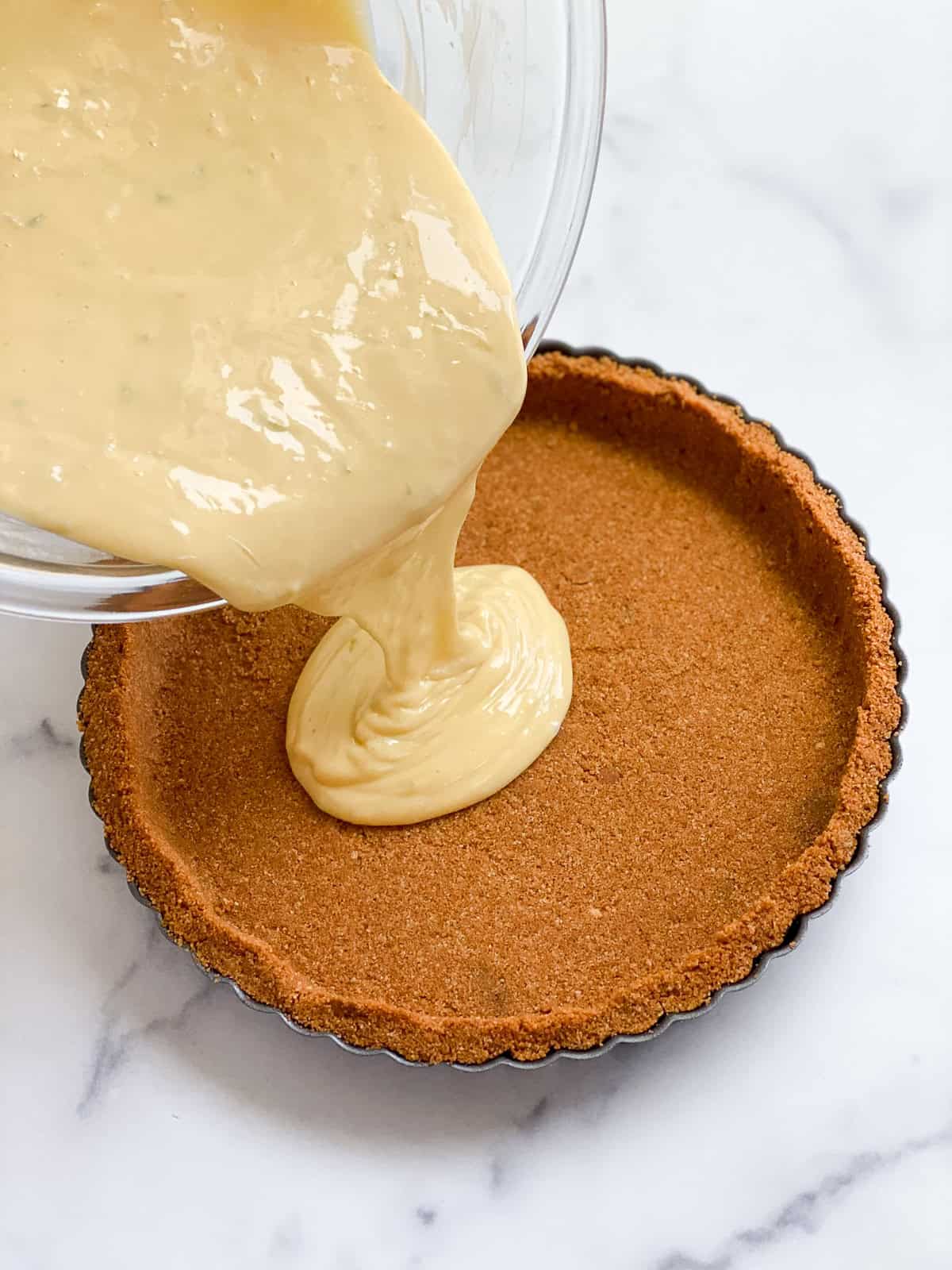 filling being poured into the crust.