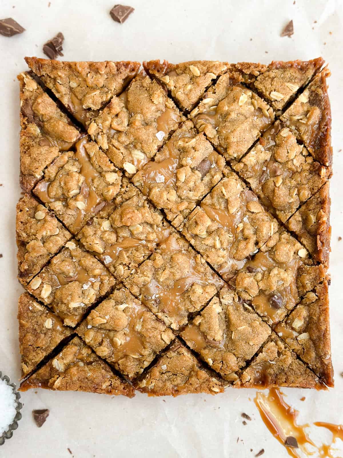 the oatmeal Carmelita toffee bars cut into squares.