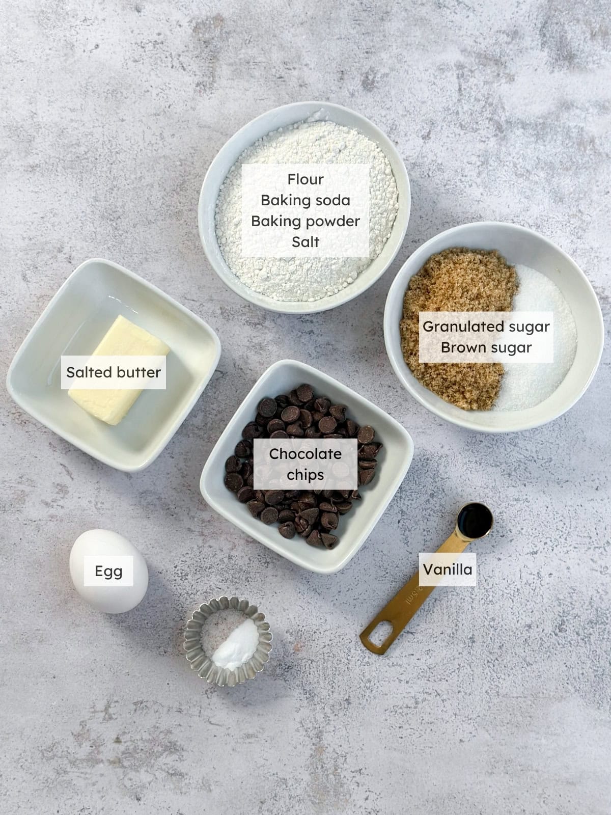 All the ingredient needed to make Small batch chocolate chip cookies.