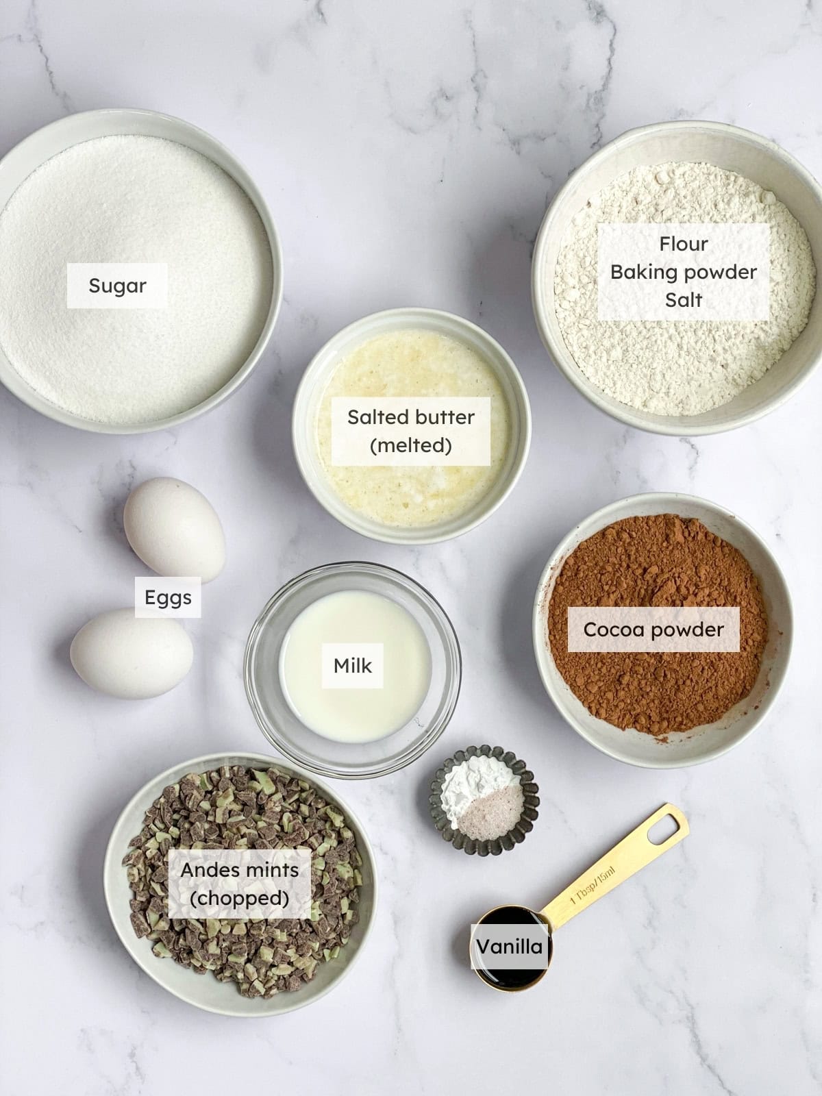 All of the ingredients needed to make Andes mint brownies.