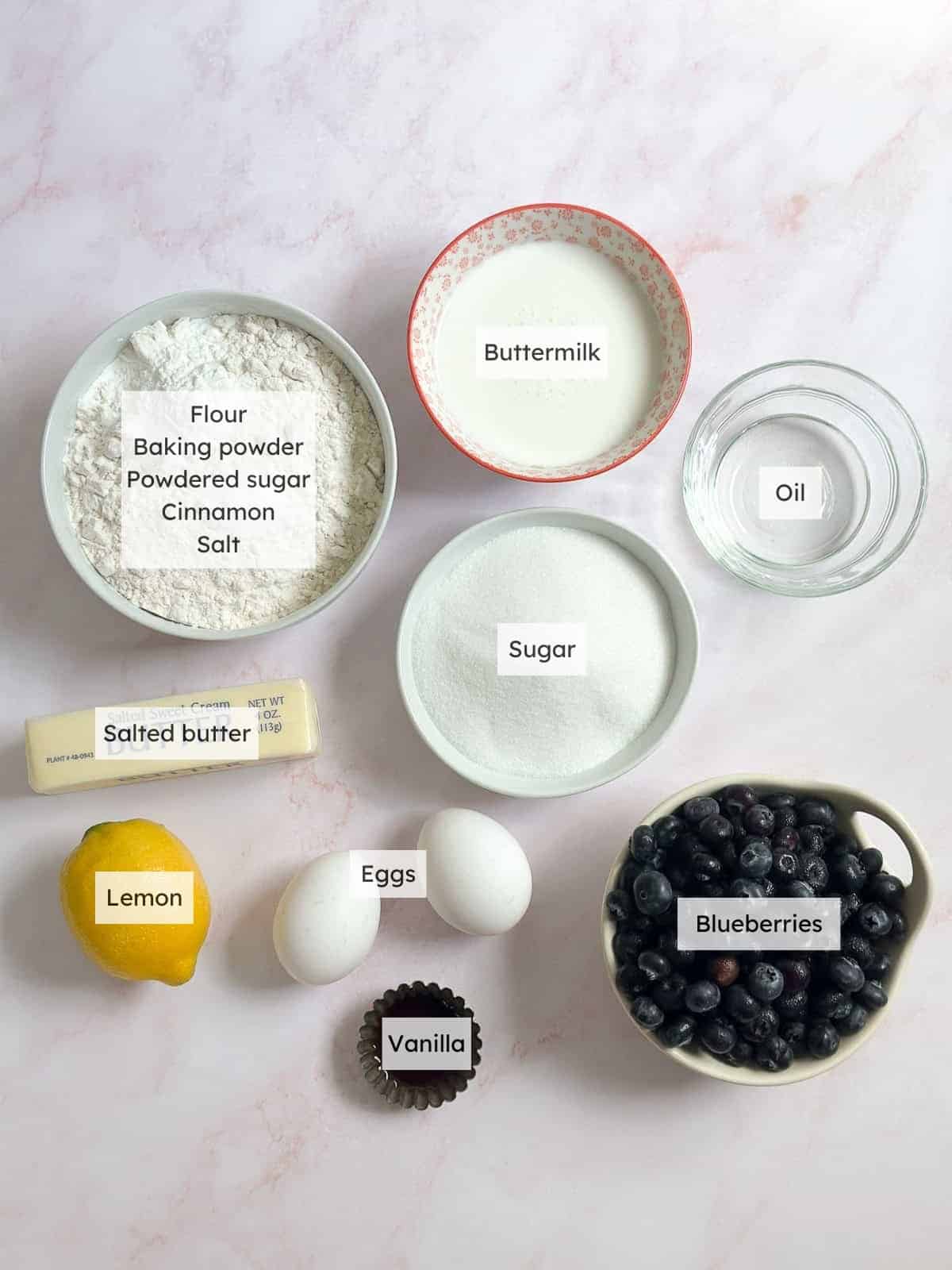 All the ingredients needed to make blueberry lemon crumb cake.