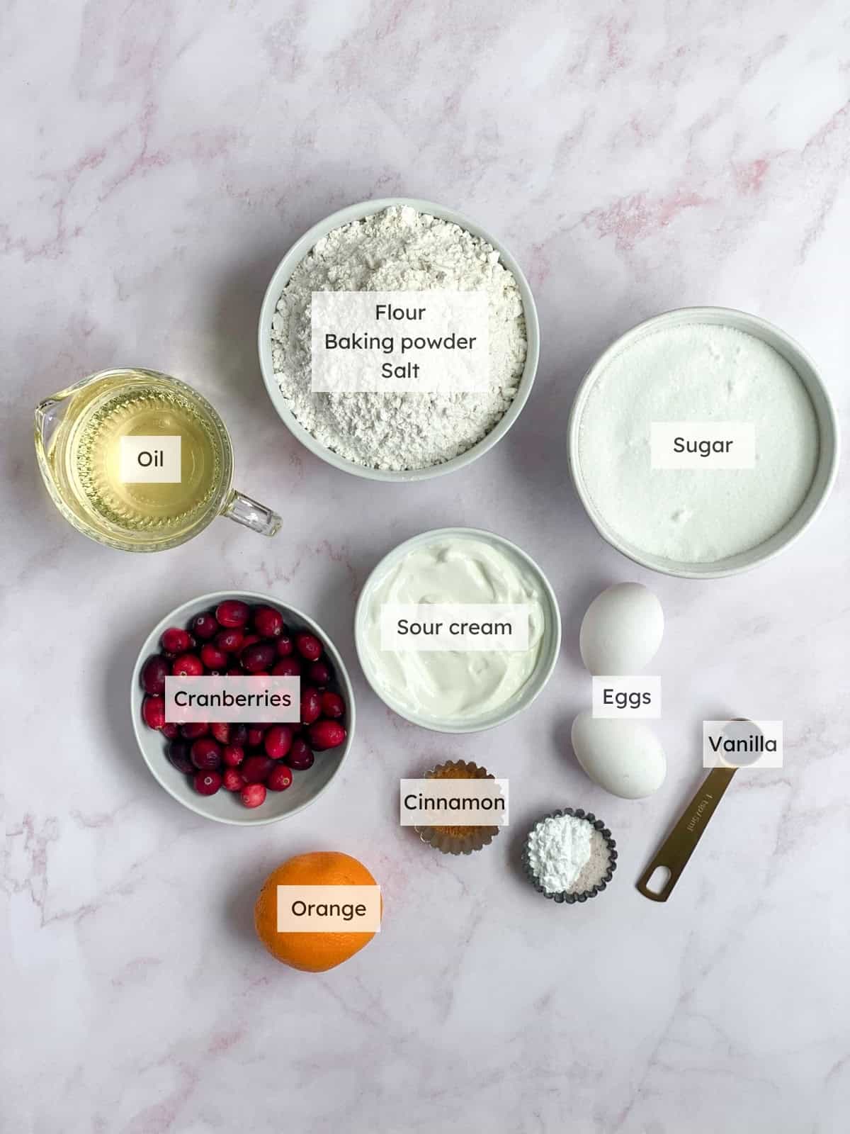 All of the ingredients needed to make cranberry bundt cake.