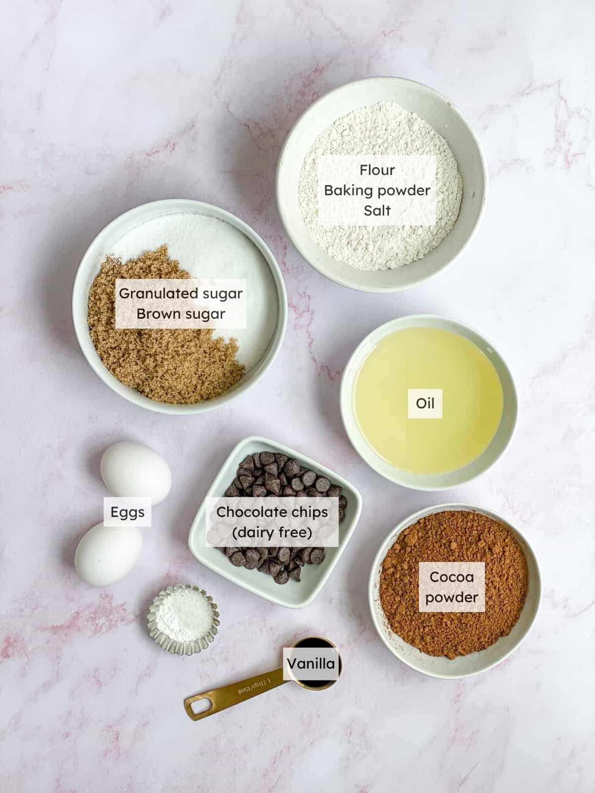 All the ingredients needed to make dairy free brownies.