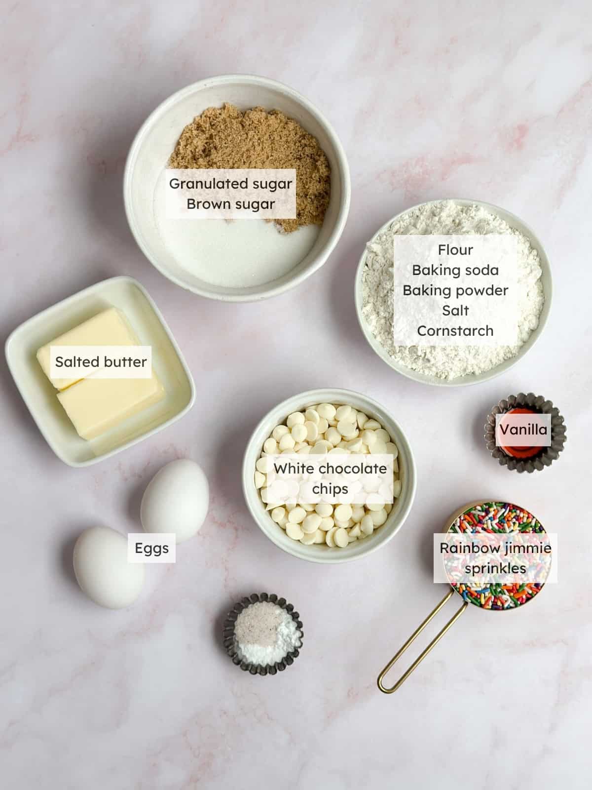 All the ingredient needed to make Funfetti Cookie cake.