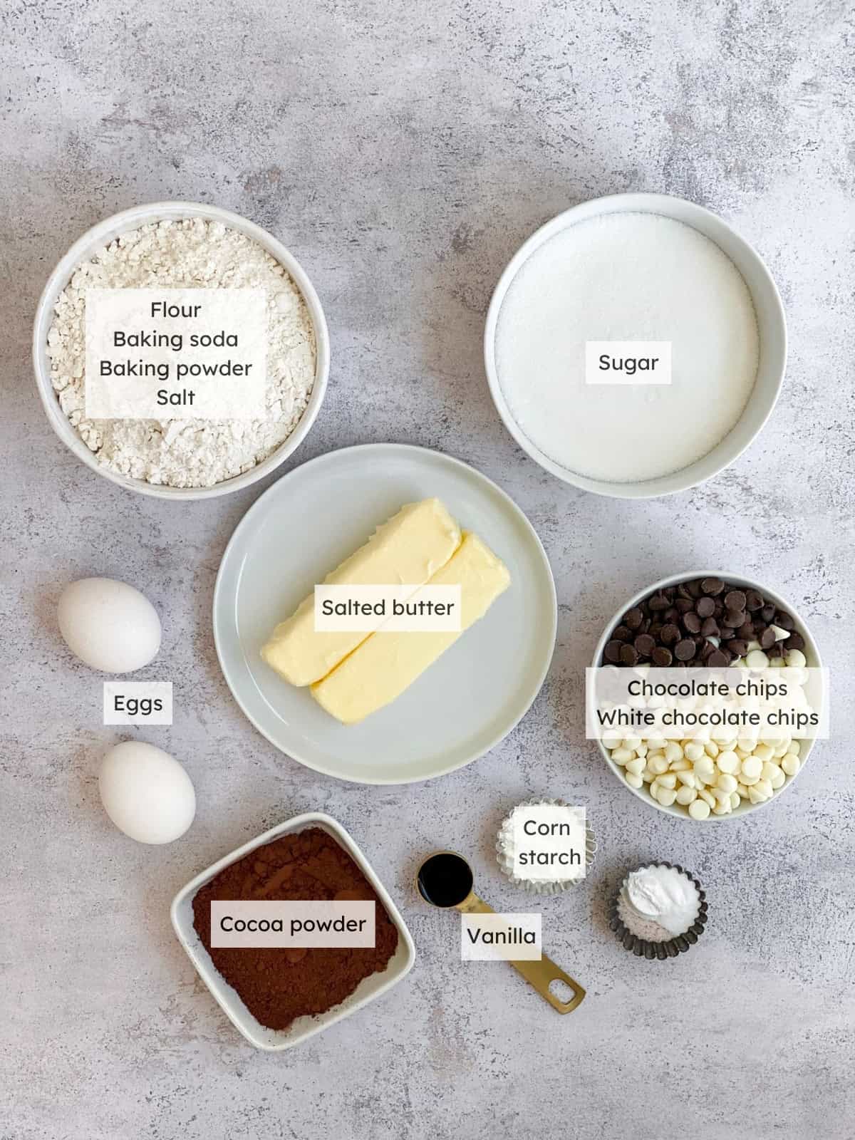 all the ingredients needed to make the inside out chocolate chip cookies.