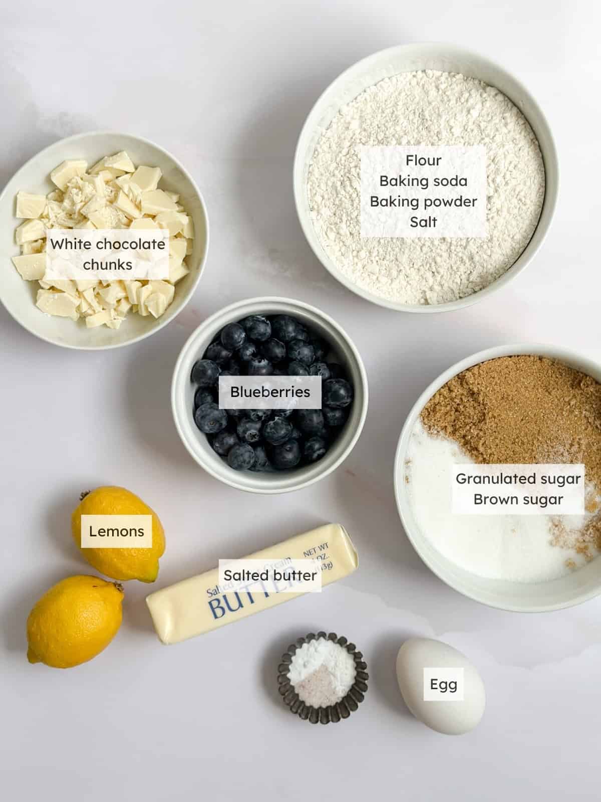 All the ingredient needed to make Lemon blueberry cookies.