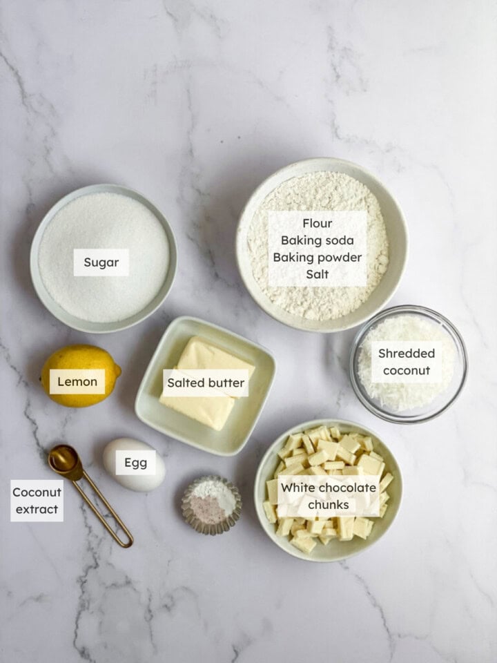 All the ingredients needed to make lemon coconut cookies.
