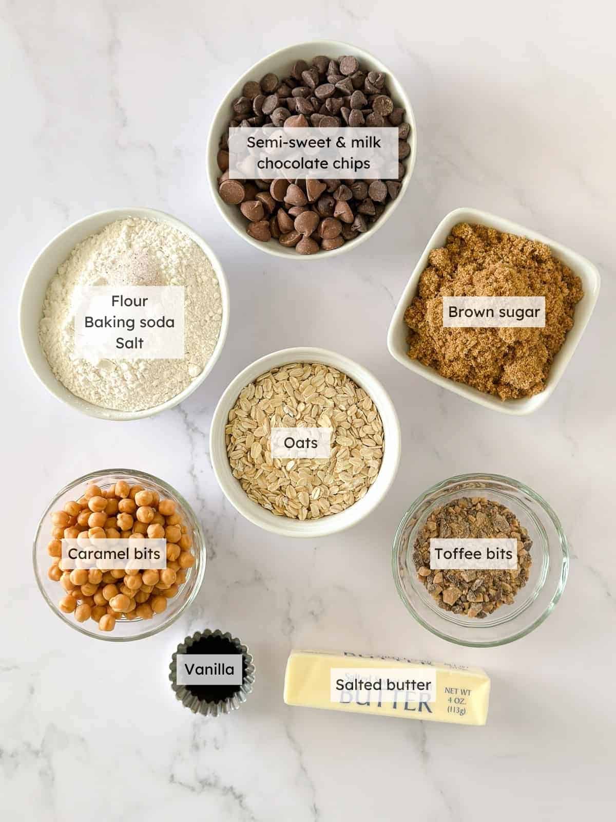 All of the ingredients needed to make Oatmeal carmelita bars.