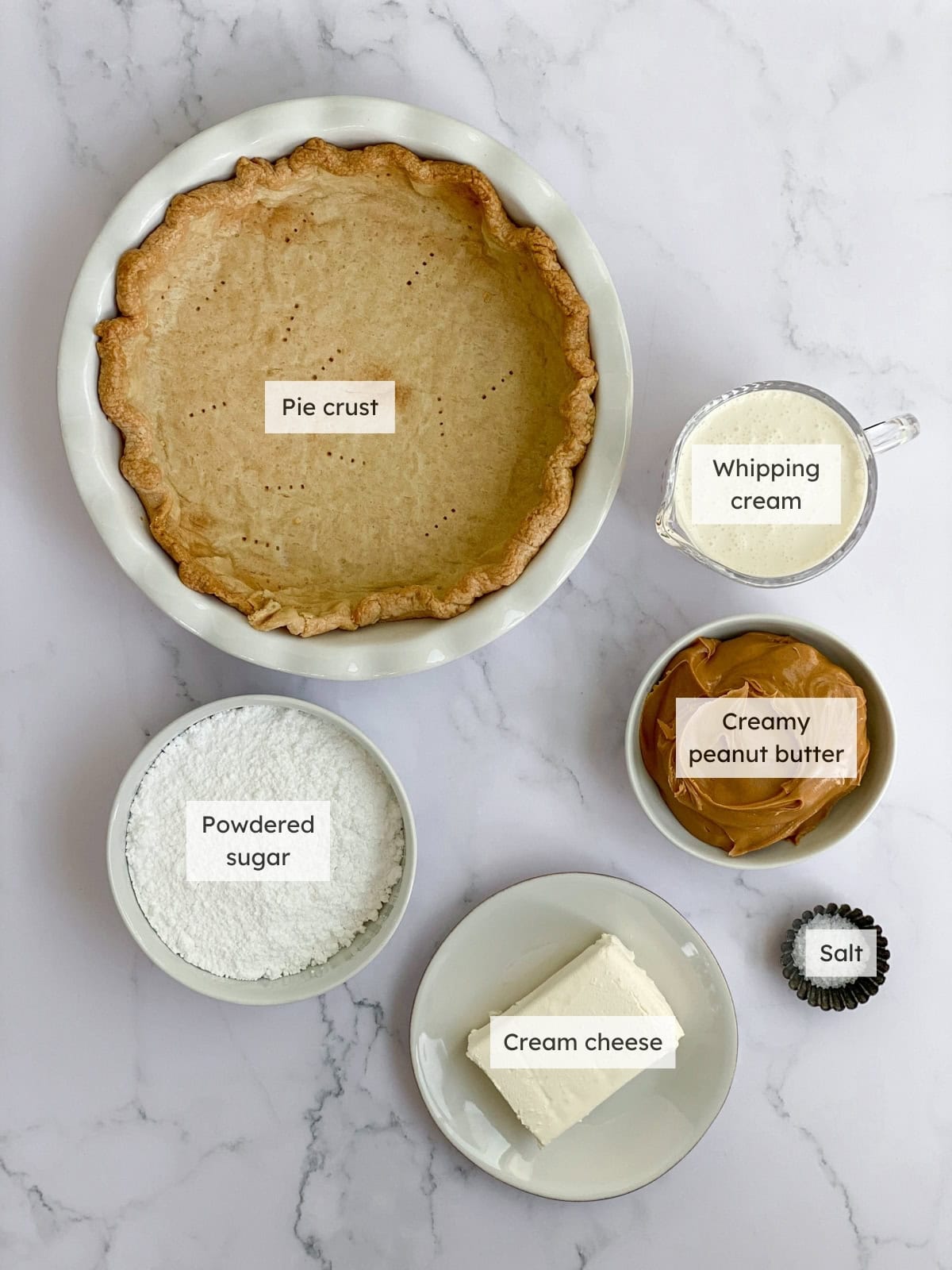 All of the ingredients needed to make old fashioned peanut butter pie.