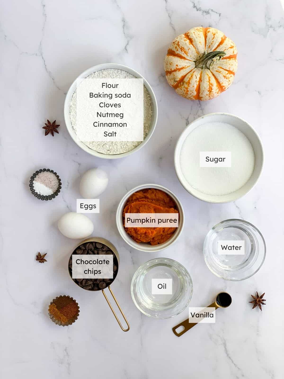 all the ingredients needed to make these pumpkin chocolate chip muffins.