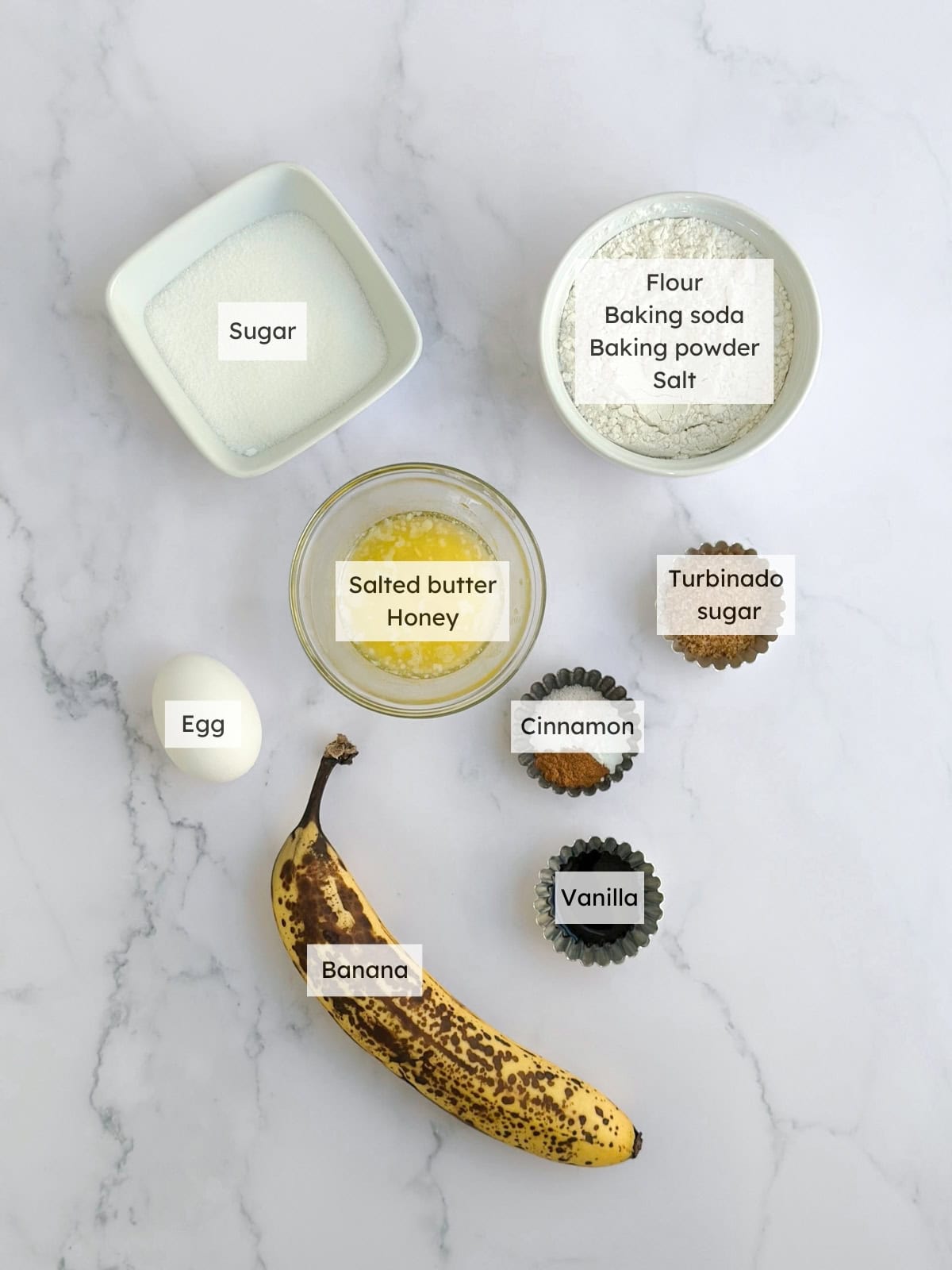 All the ingredient needed to make Small batch banana muffins.