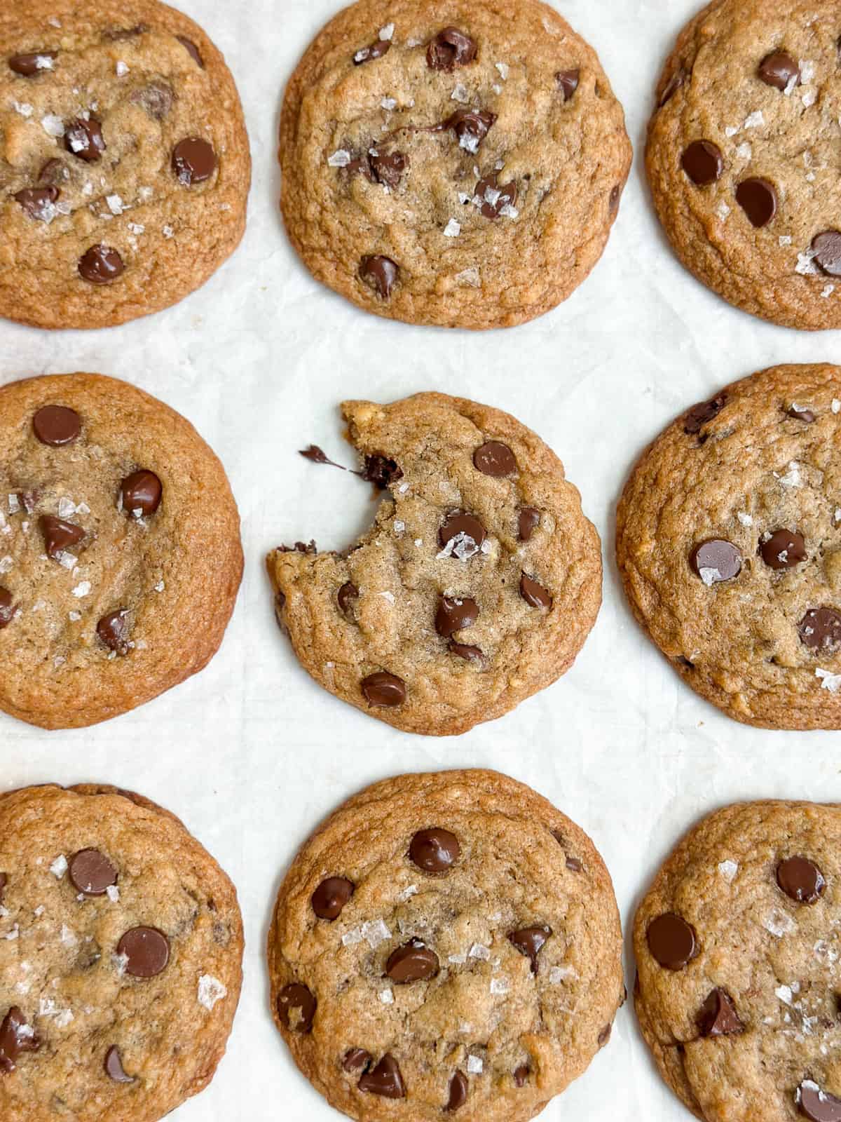 A bunch of chocolate chip banana cookies in a row with a bite missing from one.