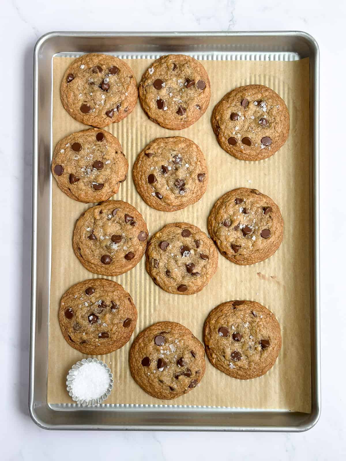 a whole cookie sheet filled with chocolate chip banana cookies.
