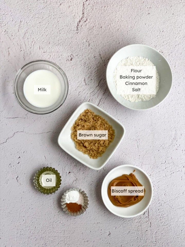 All the ingredients needed to make biscoff mug cake.