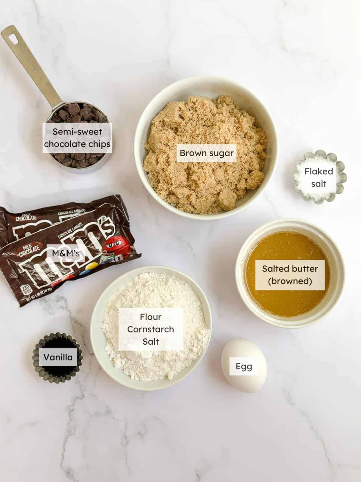 All of the ingredients needed to make browned butter m&m blondies.