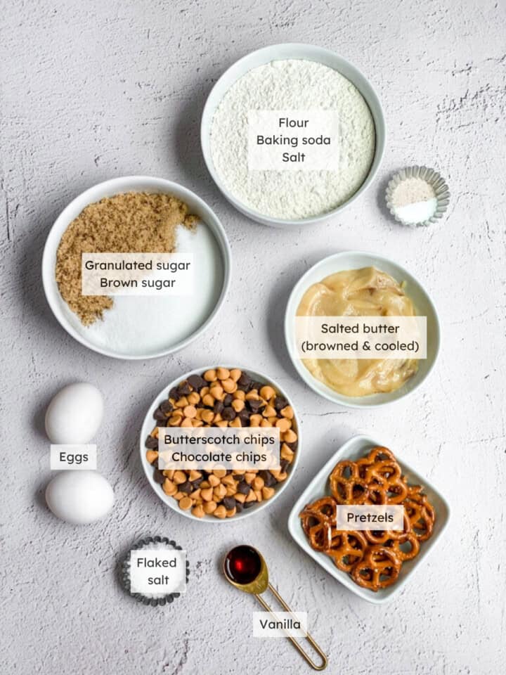 All the ingredients needed to make butterscotch chocolate chip cookies.