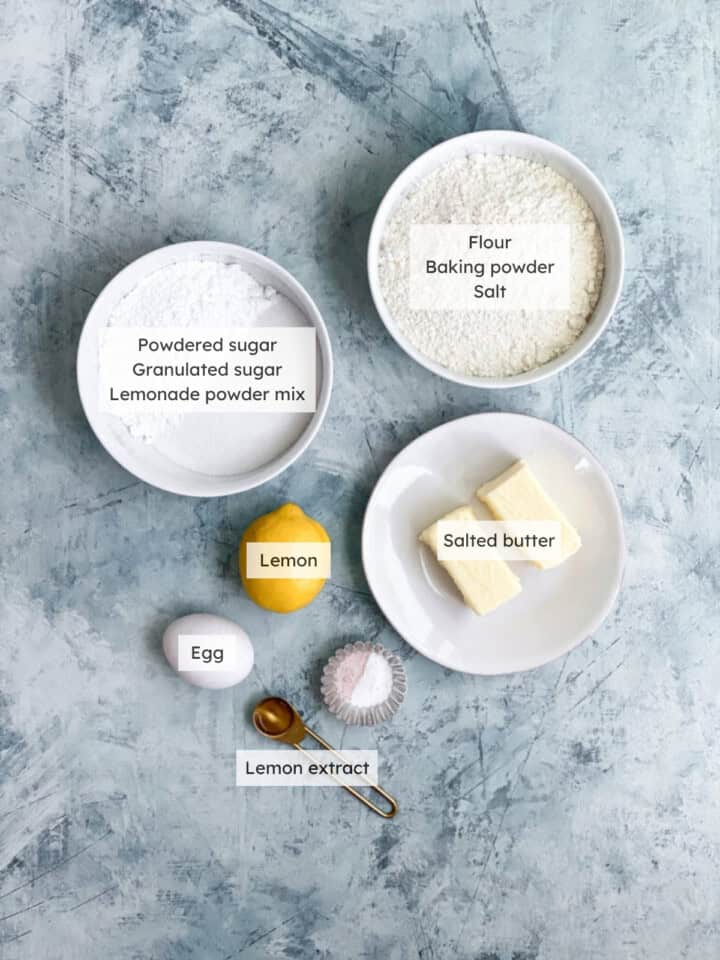 All the ingredients needed to make lemon cooler cookies.